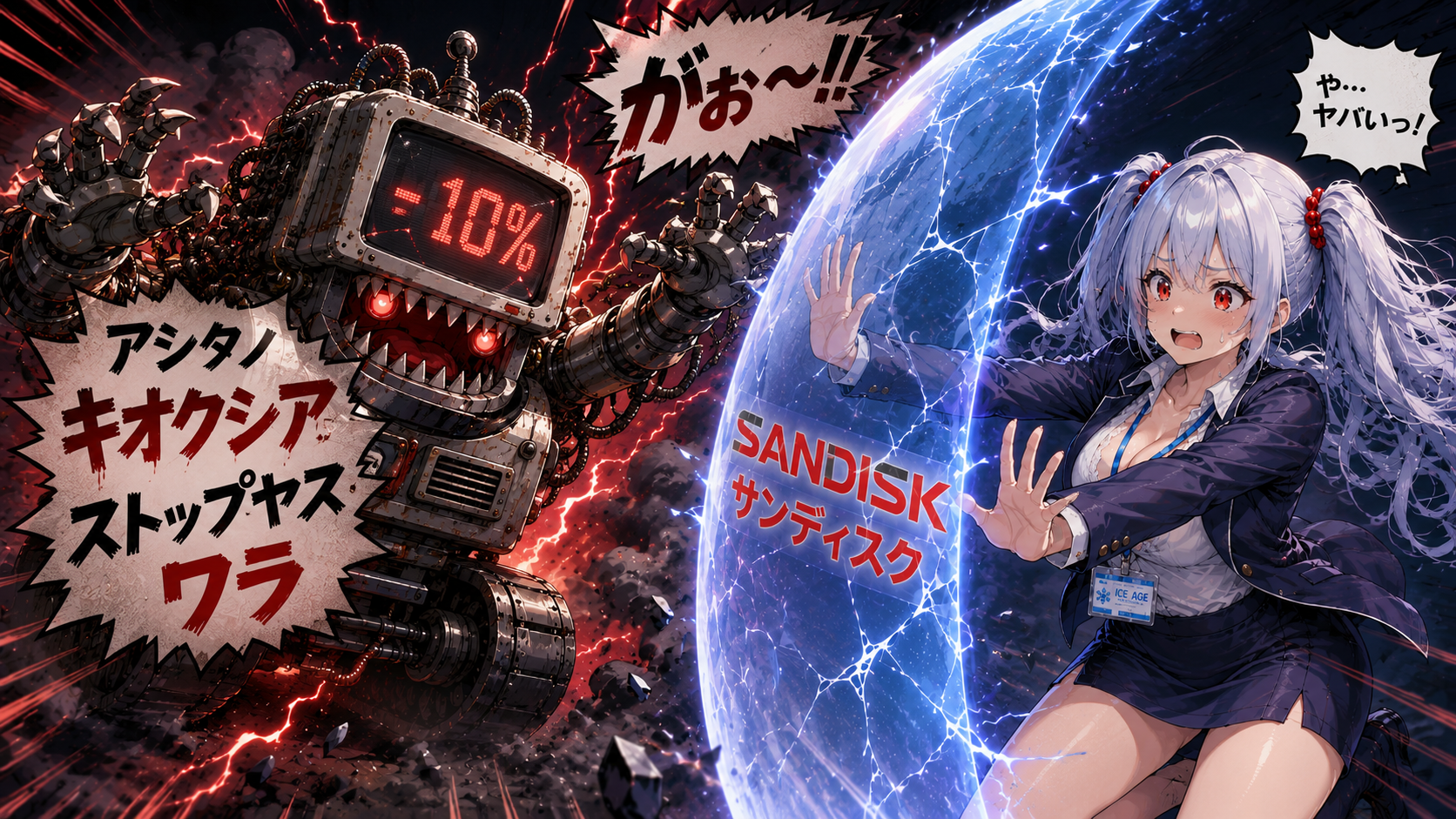 サンディスク急落を受けてAIマシンがキオクシア保有者に襲いかかるイメージイラスト
