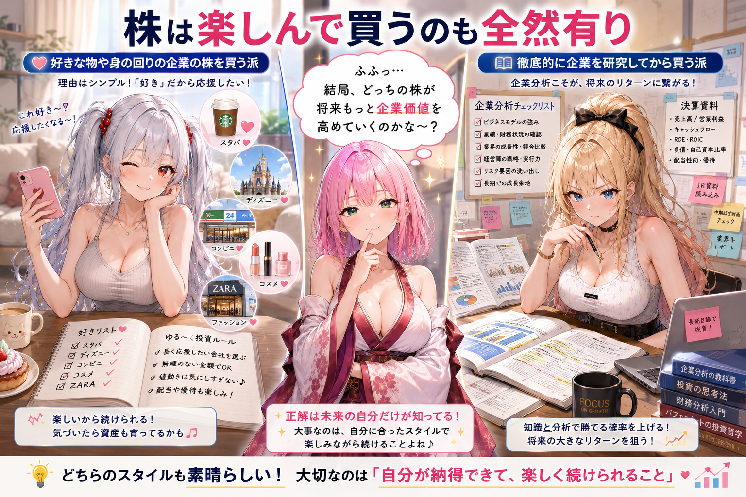 『株は楽しんで買うのも全然有り』をテーマにしたインフォグラフィック。好きな物や身の回り応援したい企業に投資する楽しむ派と、徹底的に企業研究してリターンを狙う分析派の、どちらのスタイルも素晴らしいと解説するイラスト
