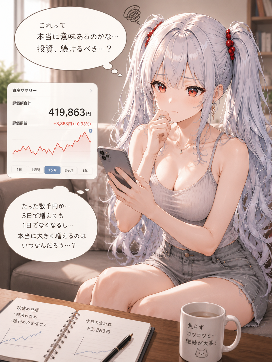 投資初心者が小さな含み益に悩むイラスト