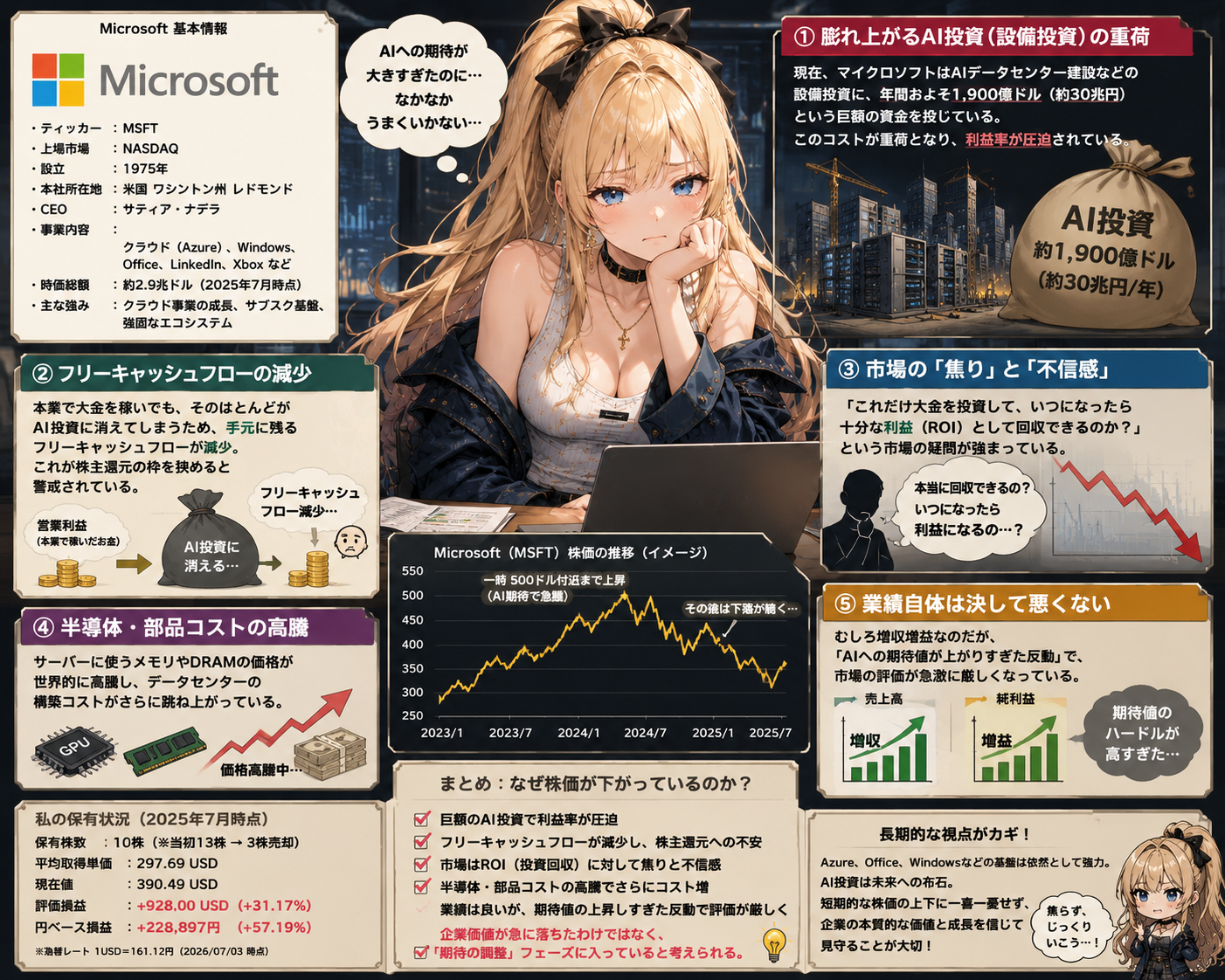マイクロソフトの基本情報と株価下落理由を解説するインフォグラフィック。巨額のAI設備投資、フリーキャッシュフローの減少、市場の投資回収への焦り、半導体コスト高騰の4要因を説明するイラスト