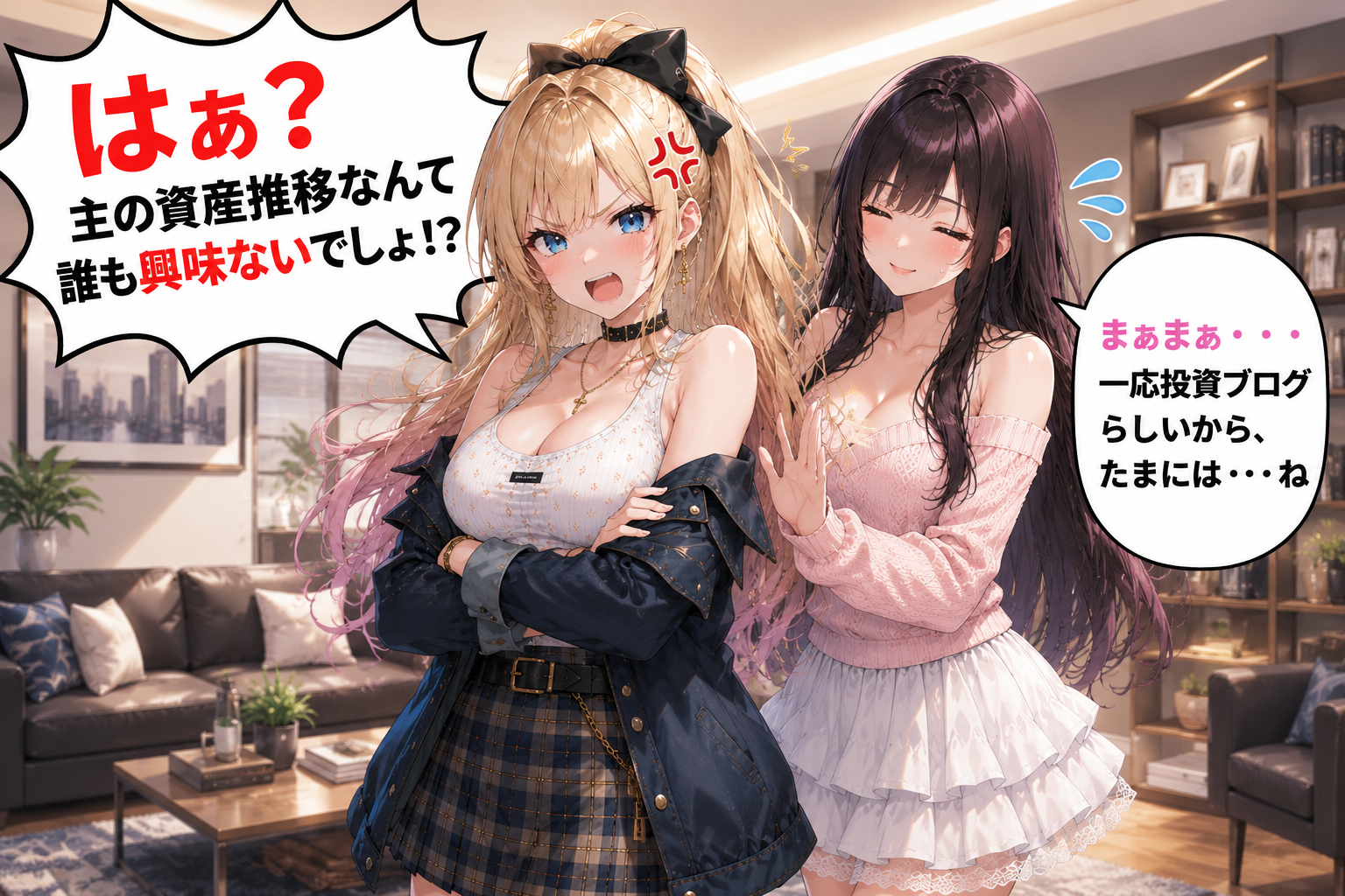 資産公開にツッコミを入れるほのおちゃんと、なだめるみなとちゃんのイラスト