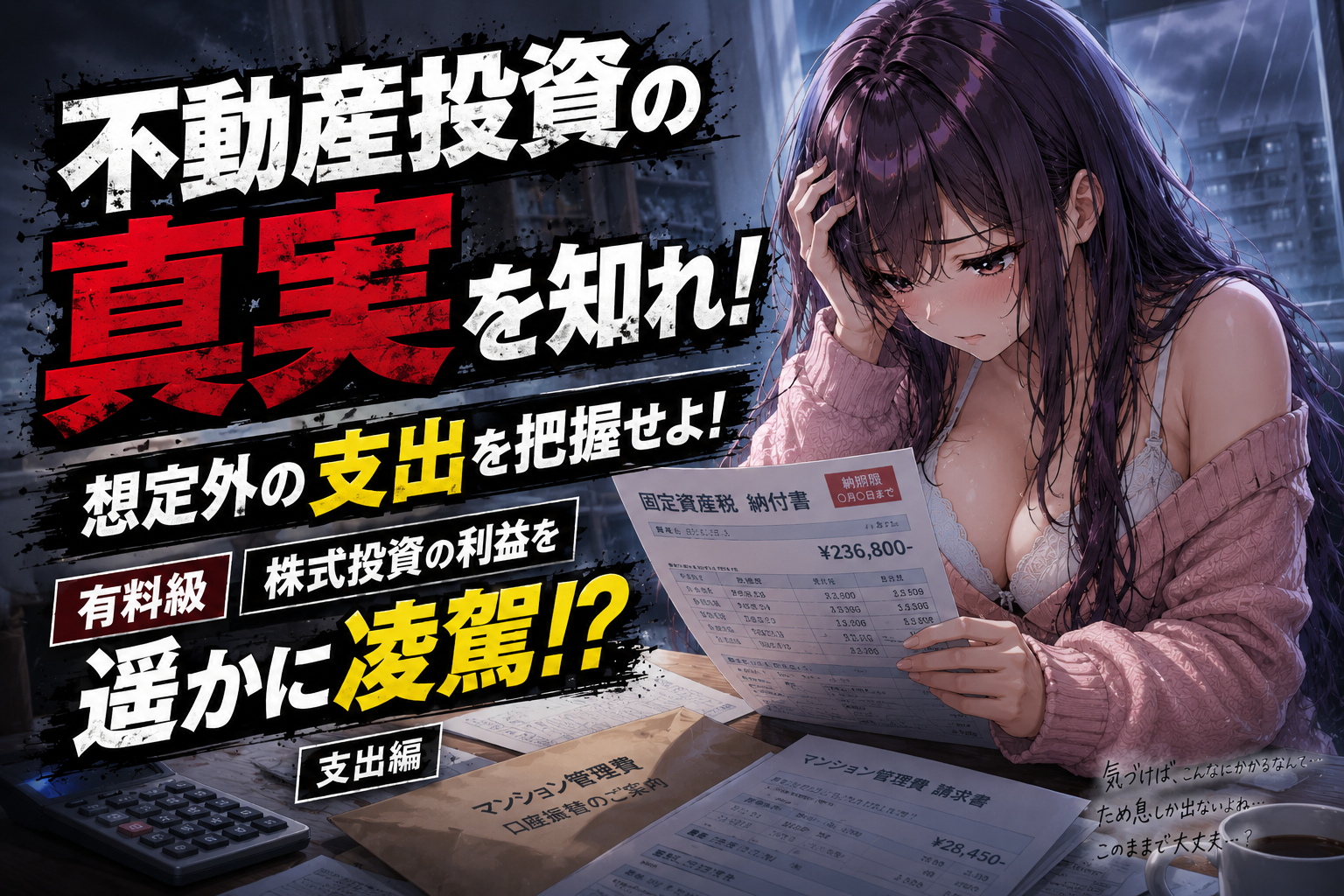 不動産投資の支出編。請求書を前に悩む大家が想定外の支出について解説するアイキャッチ画像
