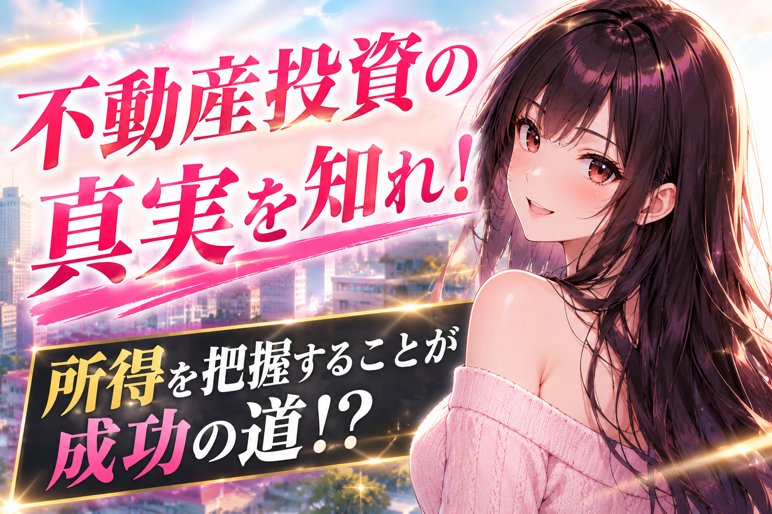 不動産投資の収入編のアイキャッチ画像。『不動産投資の真実を知れ！所得を把握することが成功の道！？』というキャッチコピーと、都会のビル群の夜景を背景に、ピンクのニットを着て笑顔を浮かべる華やかな黒髪ロングヘアの女性キャラクターのイラスト。
